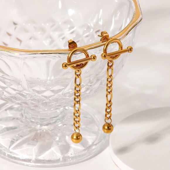 T Bar Detachable Ball Pendant Chain Earrings 18K‎ Gold Plated Stainless Steel - Picture 4 of 9